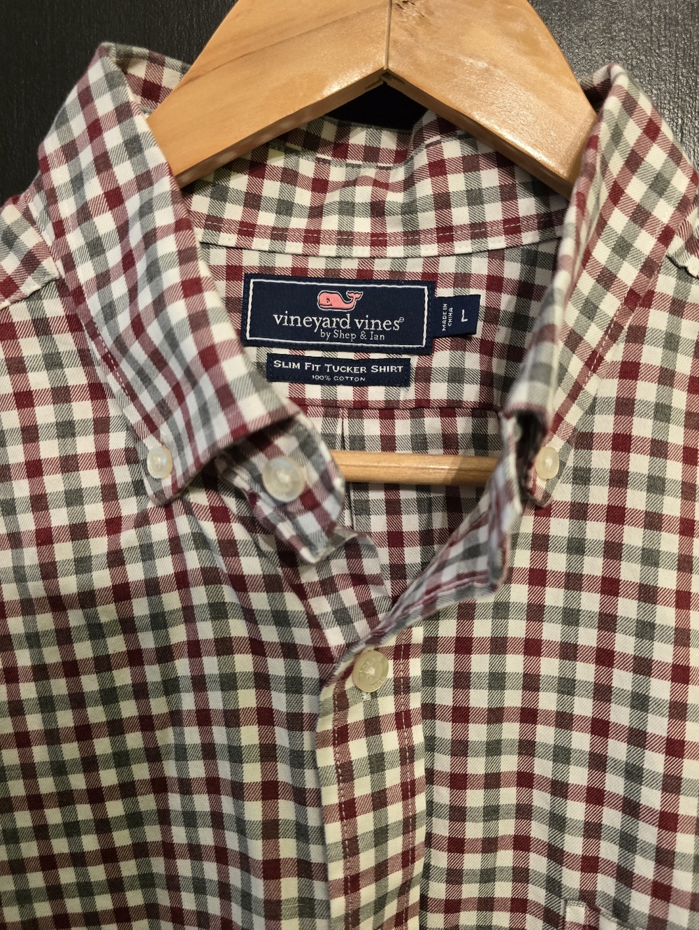 Vineyard Vines Slim Fit Tucker Shirt in Crimson, White, & Gray Check-  Size L